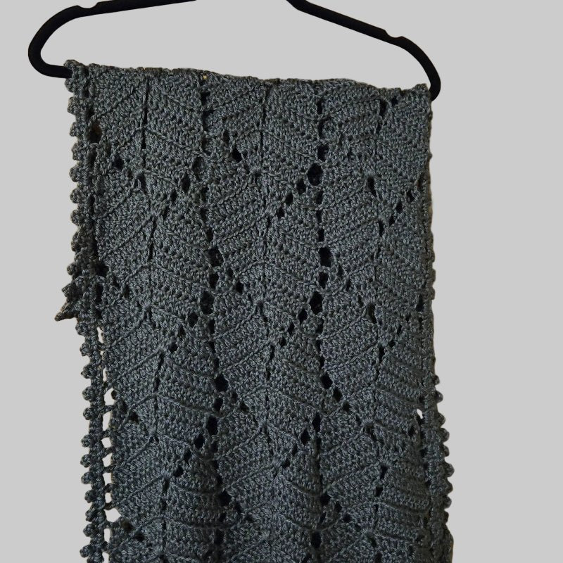 Handmade Crochet Shawl Wrap, Light Gray Leaf Design - Stitched Creations