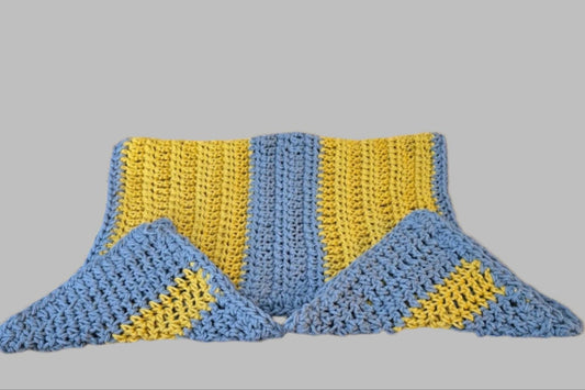 Set of 3 hand-crocheted cotton kitchen linens in mustard and gray. Includes one 18x12 dish towel and two square washcloths arranged flat.