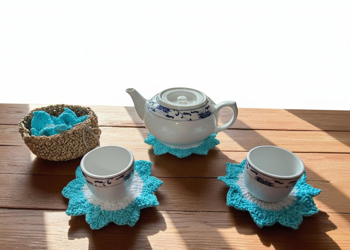 Handmade Leaf Coaster Set with Decorative Basket - Stitched Creations