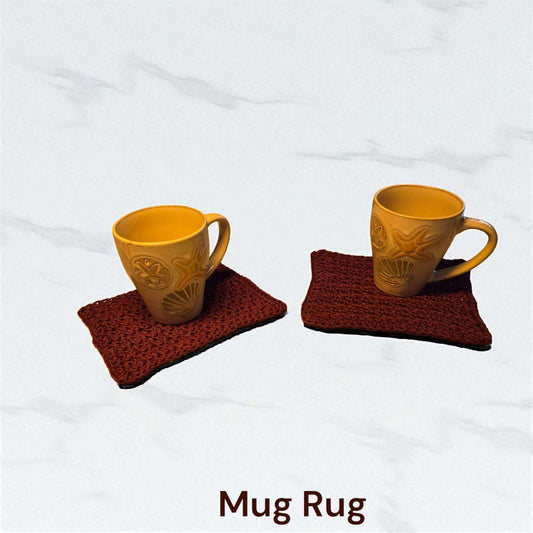 Two maroon cozy home decor mug rugs with yellow coffee mugs on a white marble surface