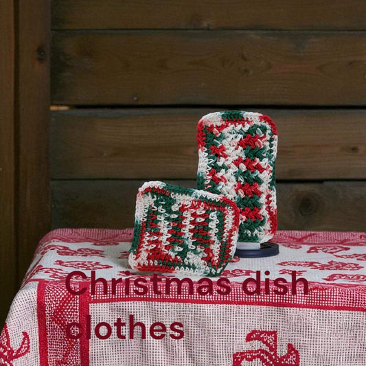 Handmade crocheted Christmas dish clothes in red, green, and white cotton, set of two for holiday use and gifting