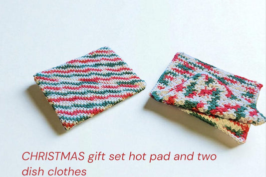 Christmas hot pad and two cotton dish cloths kitchen gift set