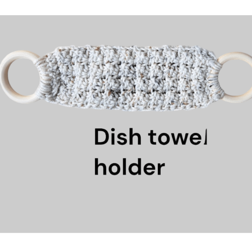 Handmade Crochet Dish Towel Holder with Wooden Rings - Kitchen Towel Hanger - Stitched Creations