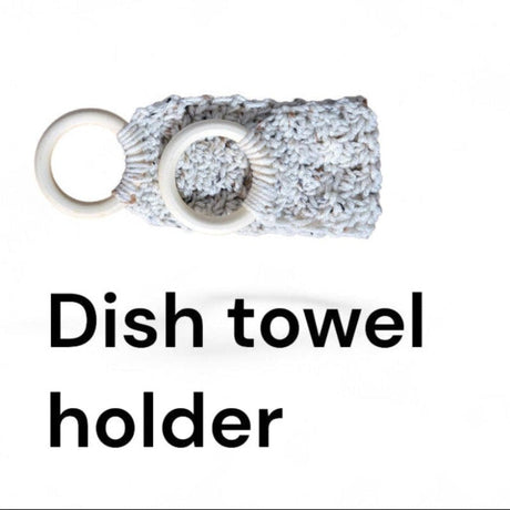 Handmade Crochet Dish Towel Holder with Wooden Rings - Kitchen Towel Hanger - Stitched Creations