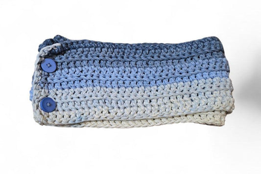 Handmade chunky knit infinity scarf with blue and gray tones and button closure