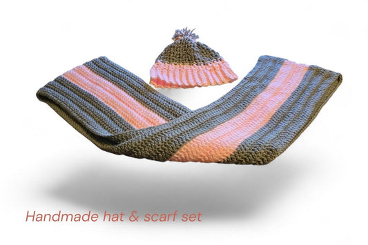 Hat and infinity scarf set in colors pink and gray.