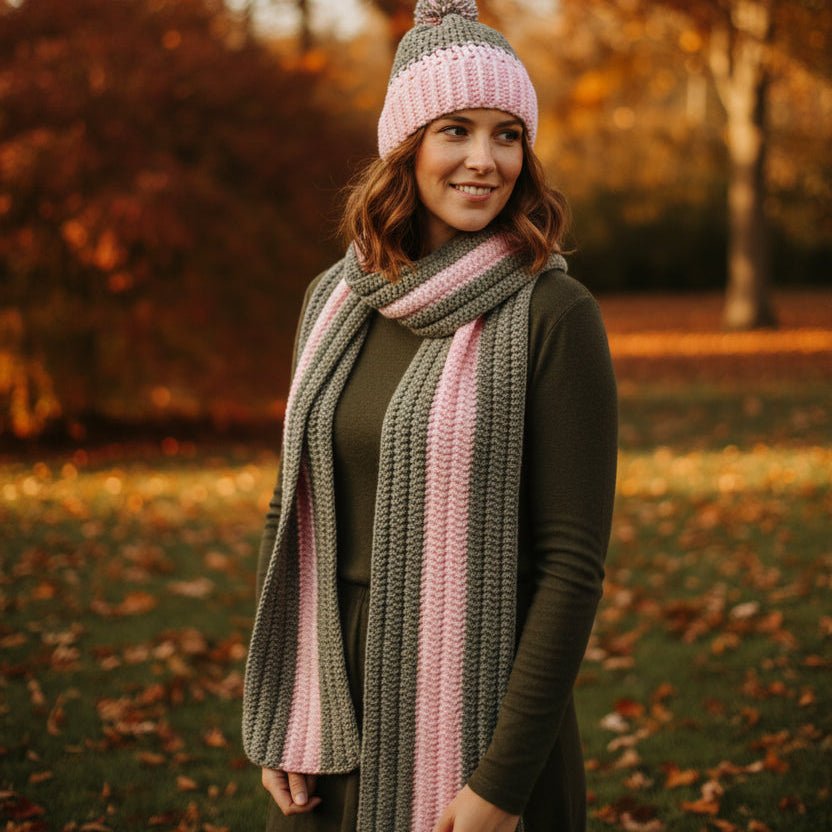 Handmade Crochet Hat and Scarf Set - Pink Gray Winter Beanie Infinity Scarf - Stitched Creations