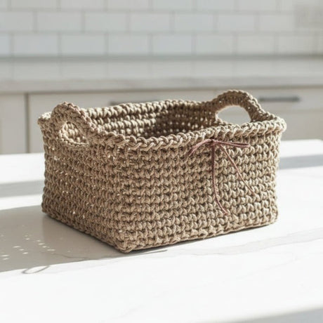 Handmade Crochet Square Storage Basket with Handles - 7.5" x 7.5" x 4" - Stitched Creations