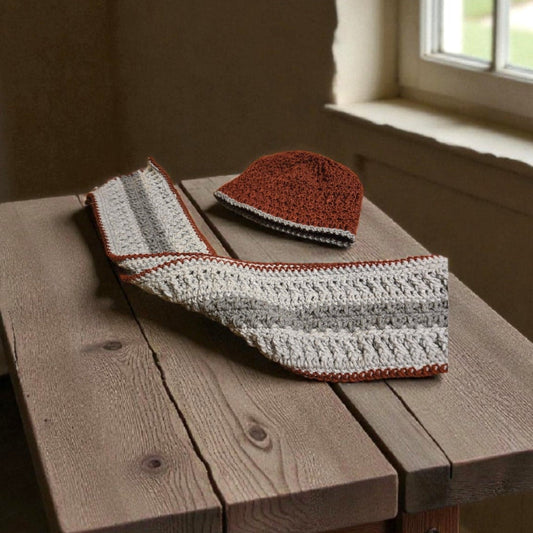 Handmade scarf and beanie set colors: gray, light gray and maroon.  