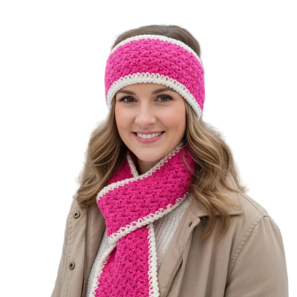 Pink headband and keyhole scarf set white border.