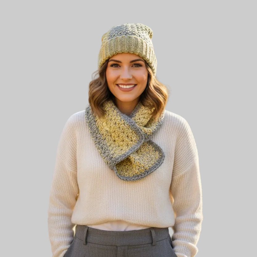Handmade Crochet Beanie Hat & Oversized Keyhole Scarf Set - Stitched Creations