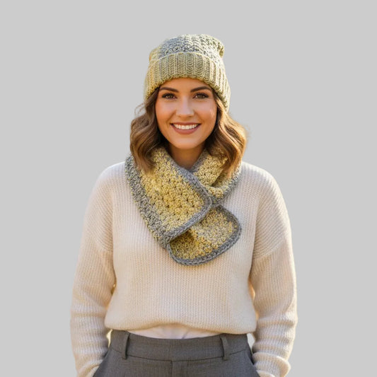 Handmade multi-colored beanie hat and keyhole scarf multi-colored.