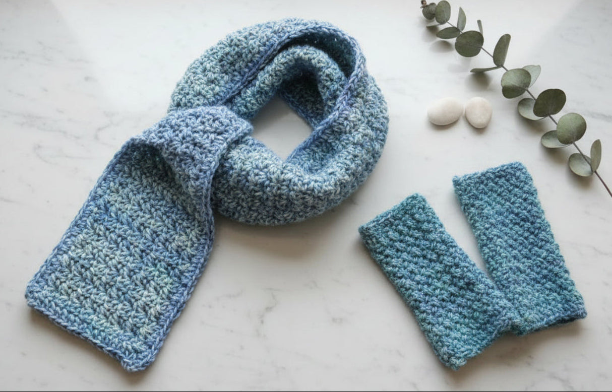 Handmade Keyhole Scarf and Fingerless Gloves Set - Blue Green Multicolor Crochet - Stitched Creations