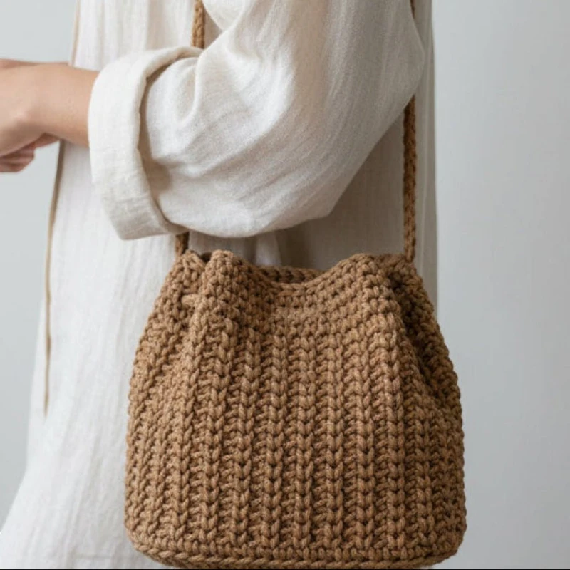 Handmade Macrame Bucket Purse - Durable Cord Handbag with Vinyl Bottom - Stitched Creations