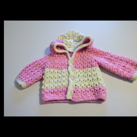 Handmade Crochet Baby Sweater with Hood - Pink & Cream Hooded Cardigan 6 - 12 Months - Stitched Creations