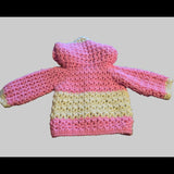 Handmade Crochet Baby Sweater with Hood - Pink & Cream Hooded Cardigan 6 - 12 Months - Stitched Creations