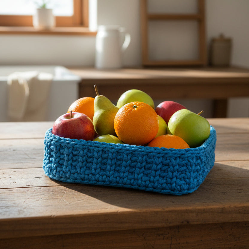 Handmade heart shaped basket made from macrame cord with a wood bottom.  Color summer blue and measures 8 x 10.
