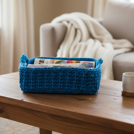 Handmade Macrame Storage Basket with Wood Base - 10x10 Boho Organizer - Stitched Creations