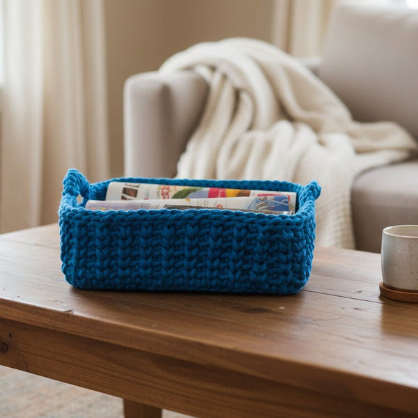 Handmade Macrame Storage Basket with Wood Base - 10x10 Boho Organizer - Stitched Creations