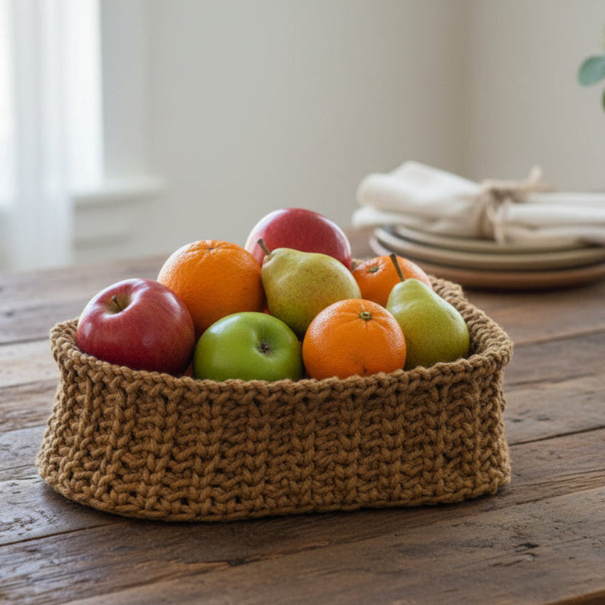 Handmade heart shaped basket measures 8 x 12 and 3 inch depth.  Color tan made from macrame cord.