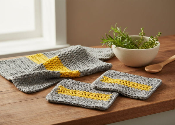 Handmade Cotton Dish Towel Set - Gray & Yellow Kitchen Towels - Stitched Creations