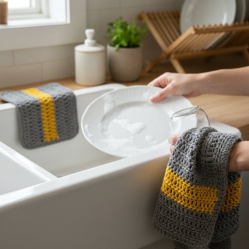 Handmade Cotton Dish Towel Set - Gray & Yellow Kitchen Towels - Stitched Creations