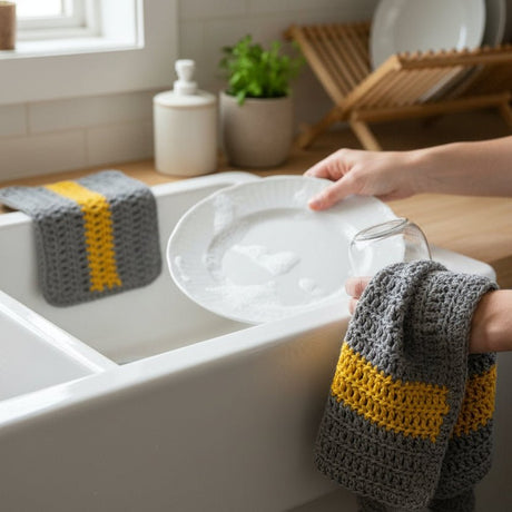 Handmade Cotton Dish Towel Set - Gray & Yellow Kitchen Towels - Stitched Creations