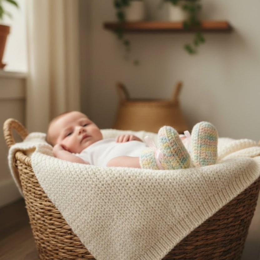 Elegant Newborn Gift Basket with Handmade Booties and Macramé Decor - Stitched Creations