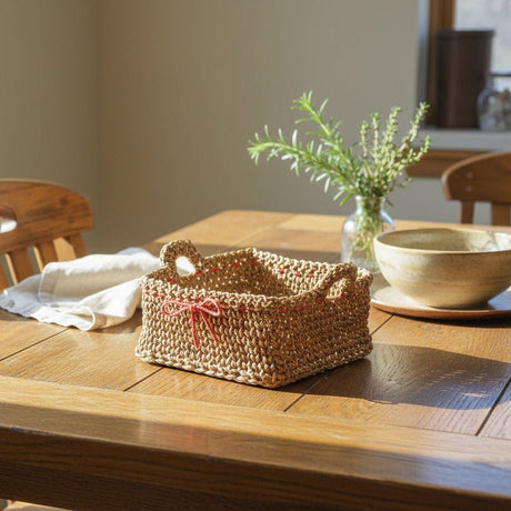 Handmade Crochet Square Storage Basket with Handles - 7.5" x 7.5" x 4" - Stitched Creations