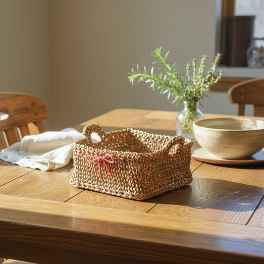 Handmade basket in color bronze made from macrame cord with a red bow.  Measures  7.5" L x 7.5" W x 4" H