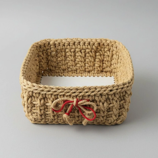 Macrame basket with base-stitched creations.
