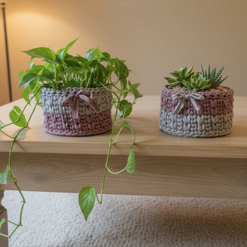 Crocheted T-Shirt Yarn Baskets 5 x 5 Set of two - Stitched Creations