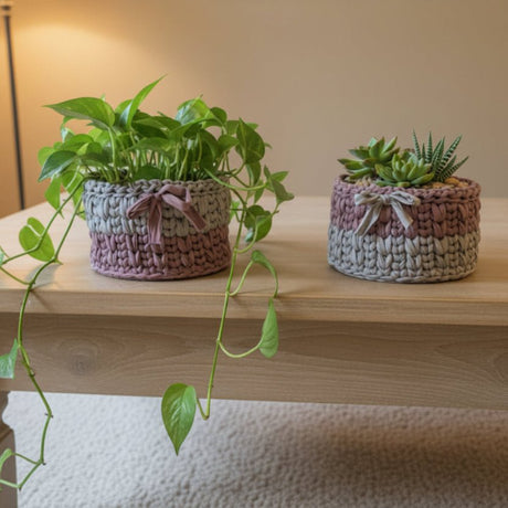 Crocheted T-Shirt Yarn Baskets 5 x 5 Set of two - Stitched Creations