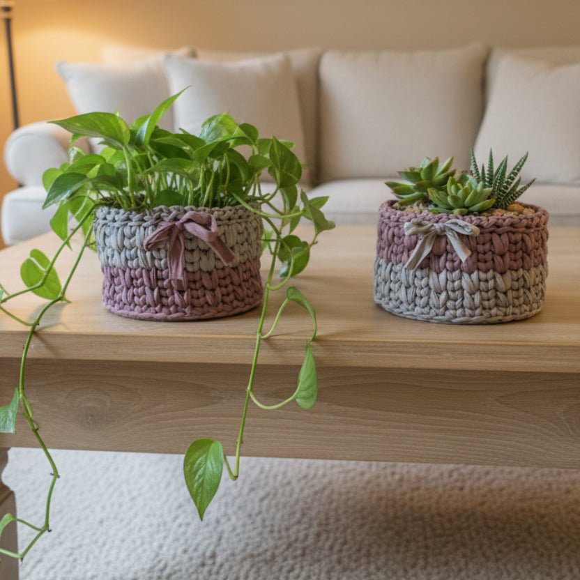 Crocheted T-Shirt Yarn Baskets 5 x 5 Set of two - Stitched Creations