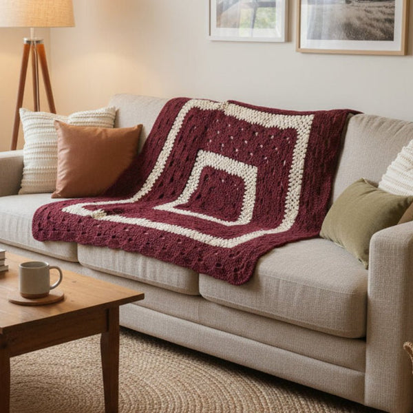 Handmade Crochet Afghan Throw | Maroon & Cream Diamond Granny Square Blanket - Stitched Creations