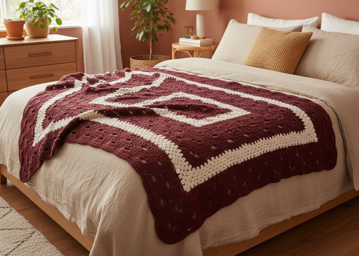 Handmade Crochet Afghan Throw | Maroon & Cream Diamond Granny Square Blanket - Stitched Creations