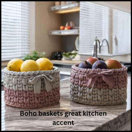 Crocheted T-Shirt Yarn Baskets 5 x 5 Set of two - Stitched Creations
