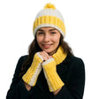 Yellow and White Crochet Hat and Fingerless Gloves Set - Handmade Winter Accessories - Stitched Creations
