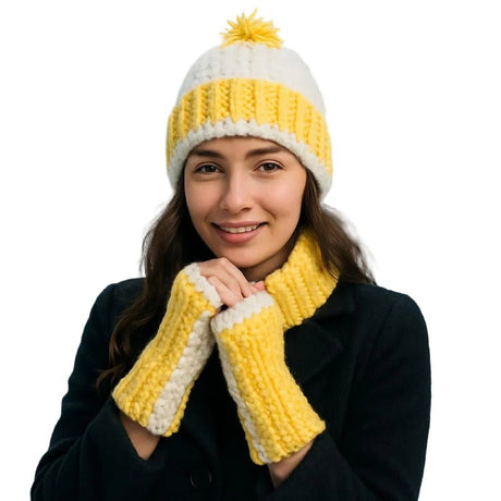 Yellow and White Crochet Hat and Fingerless Gloves Set - Handmade Winter Accessories - Stitched Creations