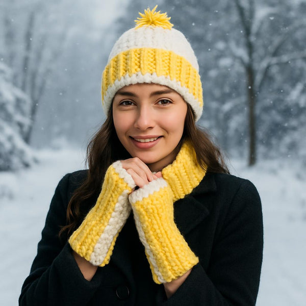 Winter hat and fingerless gloves medium size made from chunky yarn in colors white and yellow