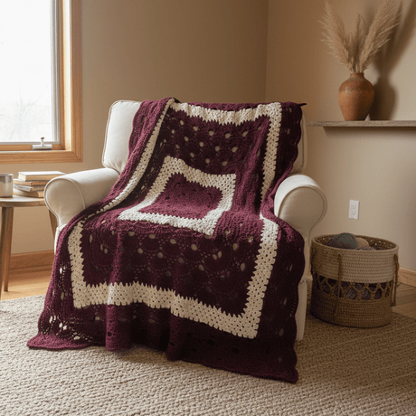Handmade Crochet Afghan Throw | Maroon & Cream Diamond Granny Square Blanket - Stitched Creations