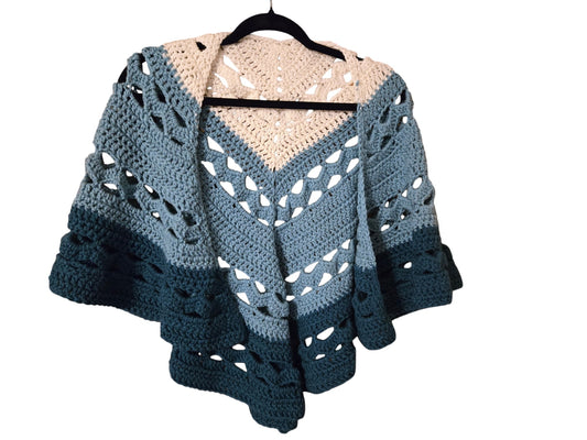 Handmade cotton shawl in green and cream colors, 26x49 inches, lightweight wrap.