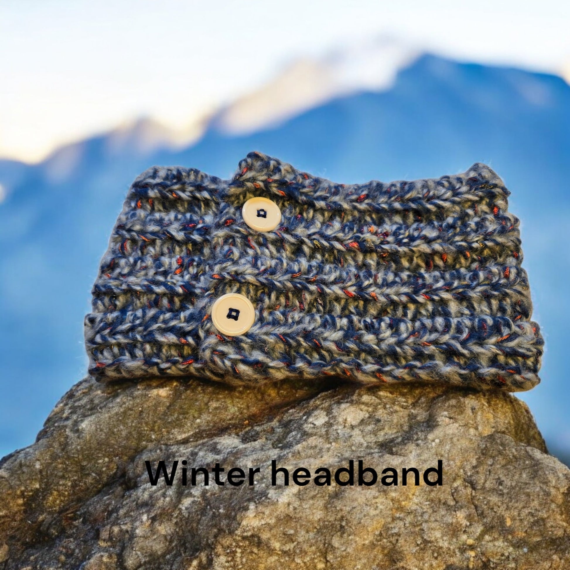 Child youth head band in blue wool with buttons, 18-inch circumference.