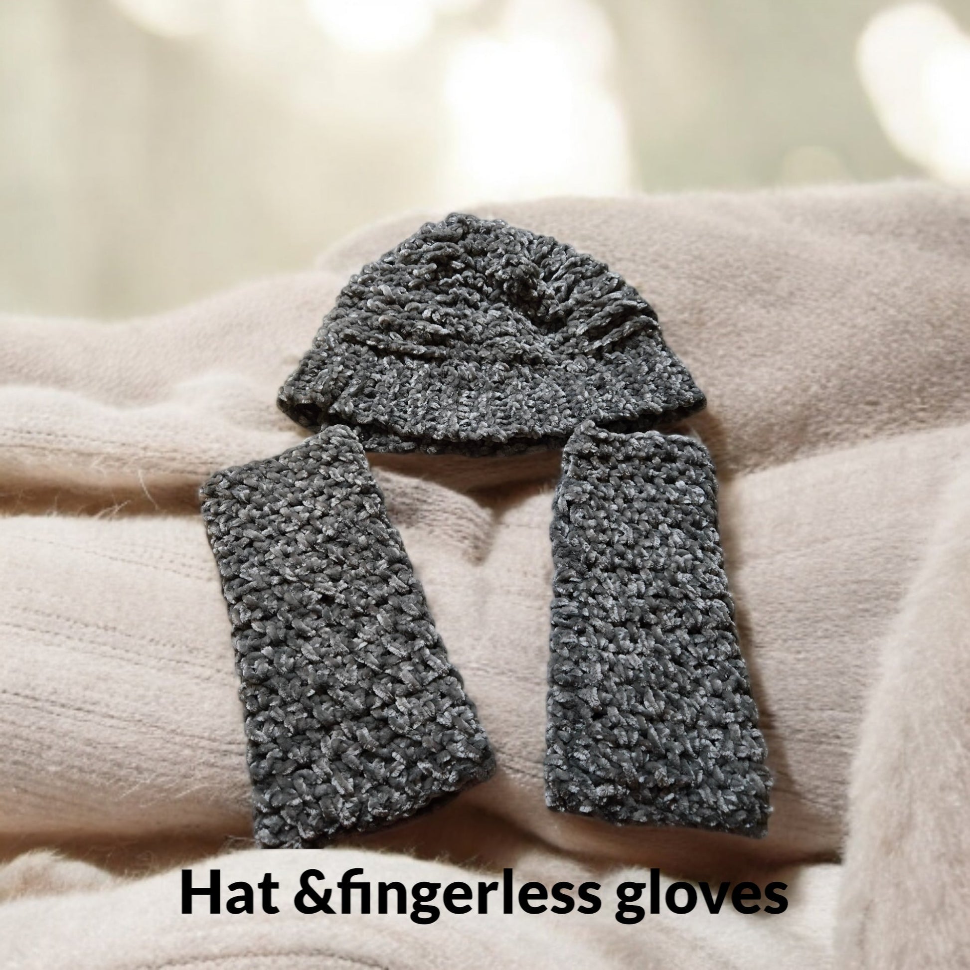 Hat and fingerless gloves for winter warmth and convenience.