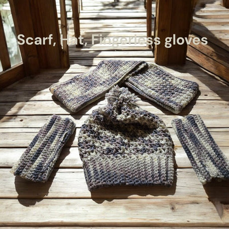 Handmade hat, infinity scarf and fingerless gloves set - Stitched Creations