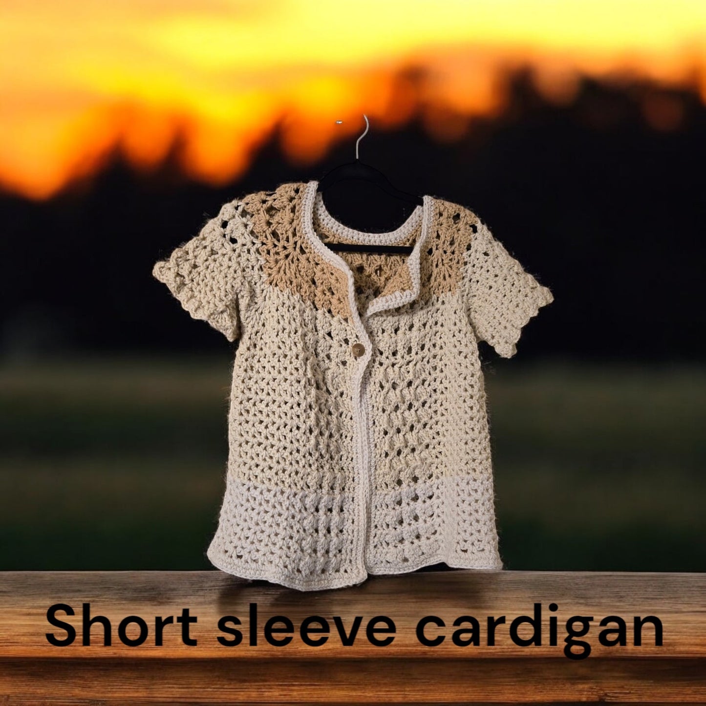 Short sleeve cardigan with buttons against sunset background.