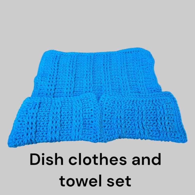 Handmade Cotton Dish Towel and Dish Cloth Set - Bright Blue Kitchen Linens - Stitched Creations