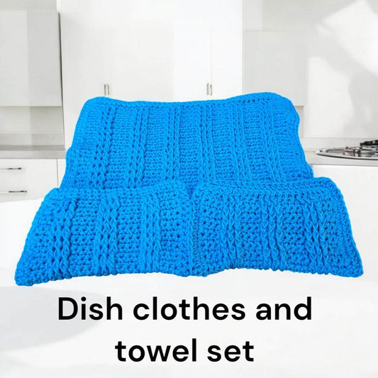 Aqua decorative towel set with handmade cotton dishcloths and oversized towel