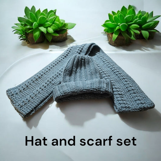 Stylish winter hat and scarf set, handmade, cozy, and machine washable.