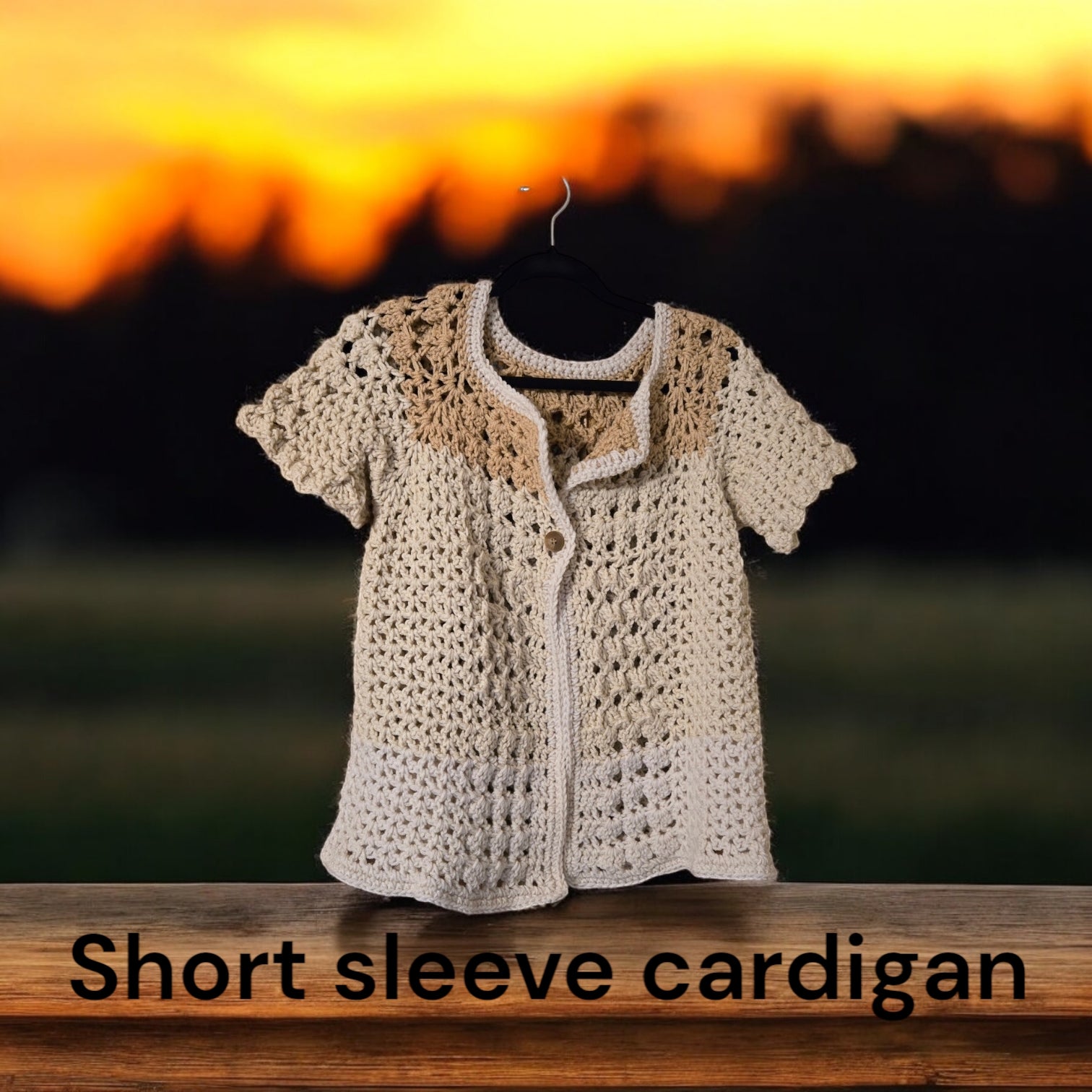 Short sleeve cardigan with buttons against sunset background.